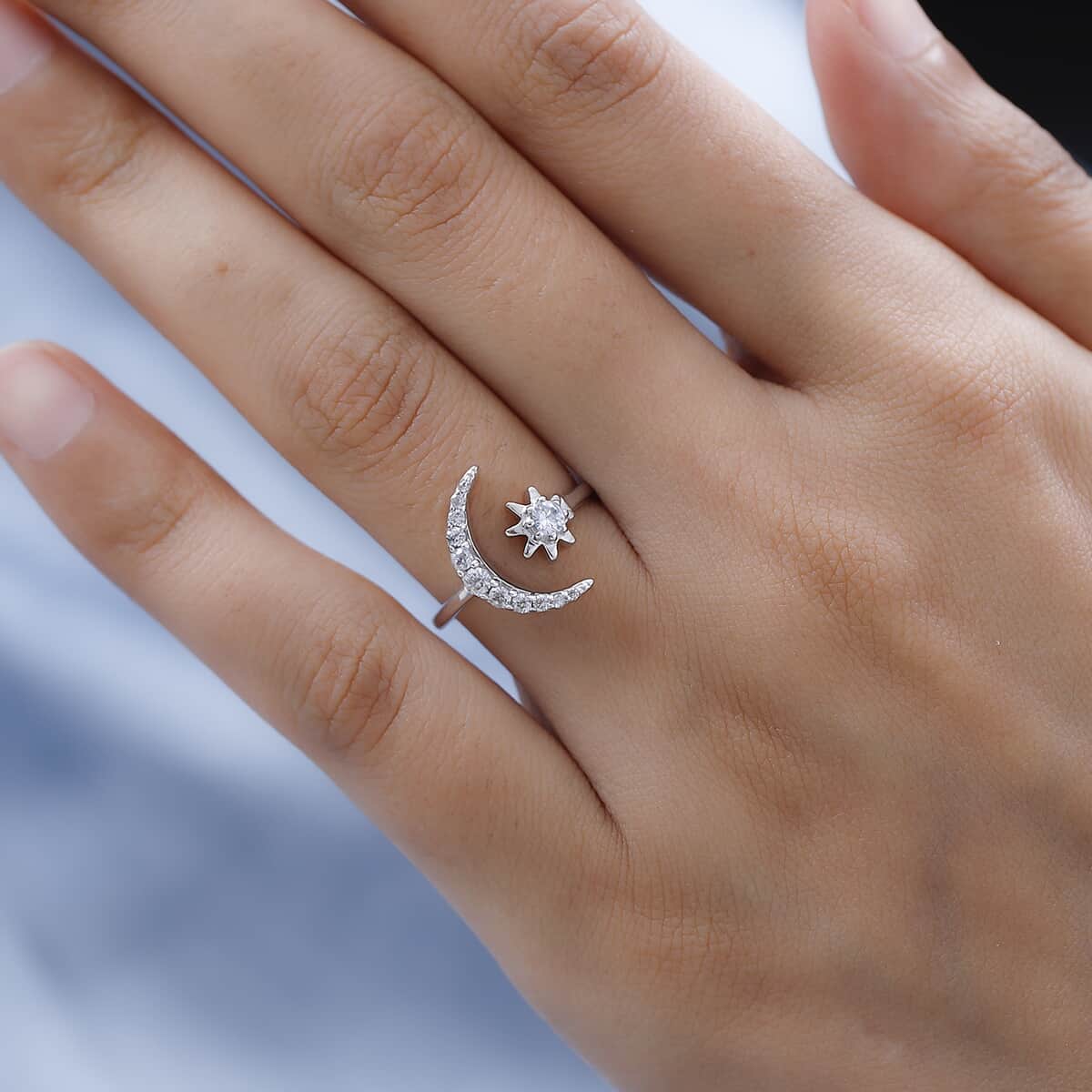 Natural White Zircon Moon Star Ring in Platinum Over Sterling Silver 0.55 ctw image number 2