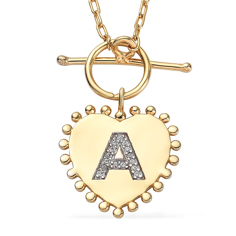 Lolos Exclusive Pick's Natural White Zircon Initial A Heart Toggle Clasp Pendant Necklace 18 Inches in Vermeil Yellow Gold Over Sterling Silver