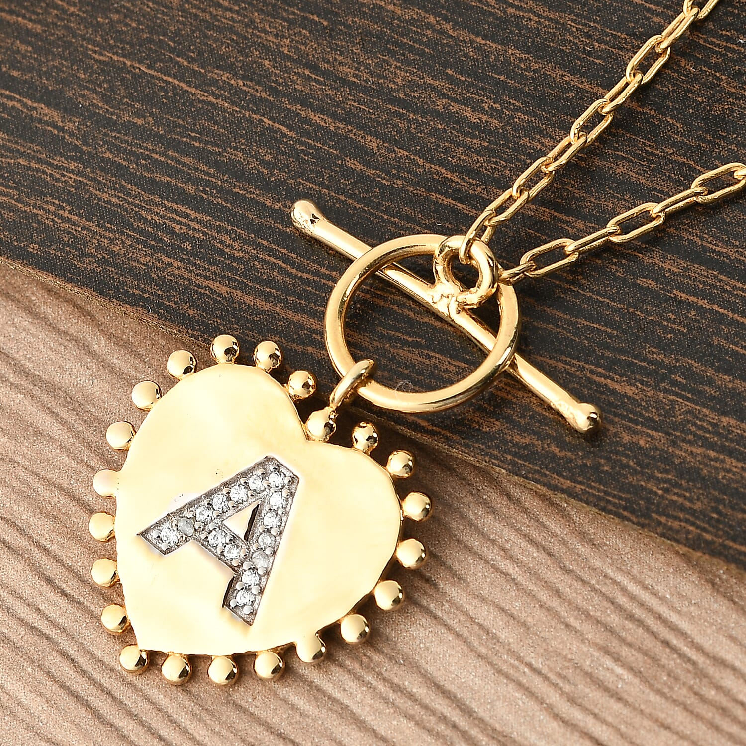 Lolos Exclusive Pick's Natural White Zircon Initial A Heart Toggle Clasp Pendant Necklace 18 Inches in Vermeil Yellow Gold Over Sterling Silver