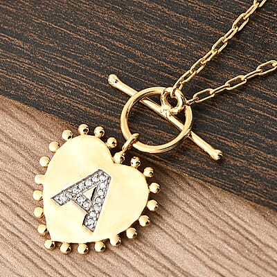 Lolos Exclusive Pick's Natural White Zircon Initial A Heart Toggle Clasp Pendant Necklace 18 Inches in Vermeil Yellow Gold Over Sterling Silver