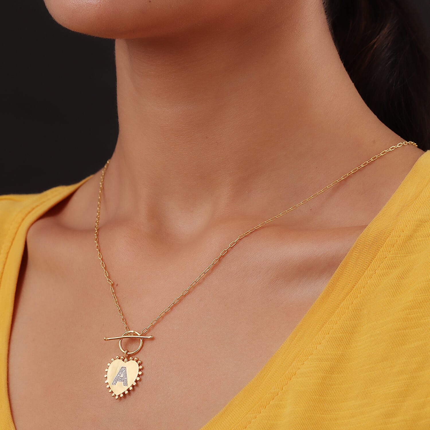 Lolos Exclusive Pick's Natural White Zircon Initial A Heart Toggle Clasp Pendant Necklace 18 Inches in Vermeil Yellow Gold Over Sterling Silver