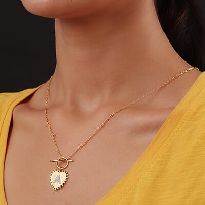 Lolos Exclusive Pick's Natural White Zircon Initial A Heart Toggle Clasp Pendant Necklace 18 Inches in Vermeil Yellow Gold Over Sterling Silver