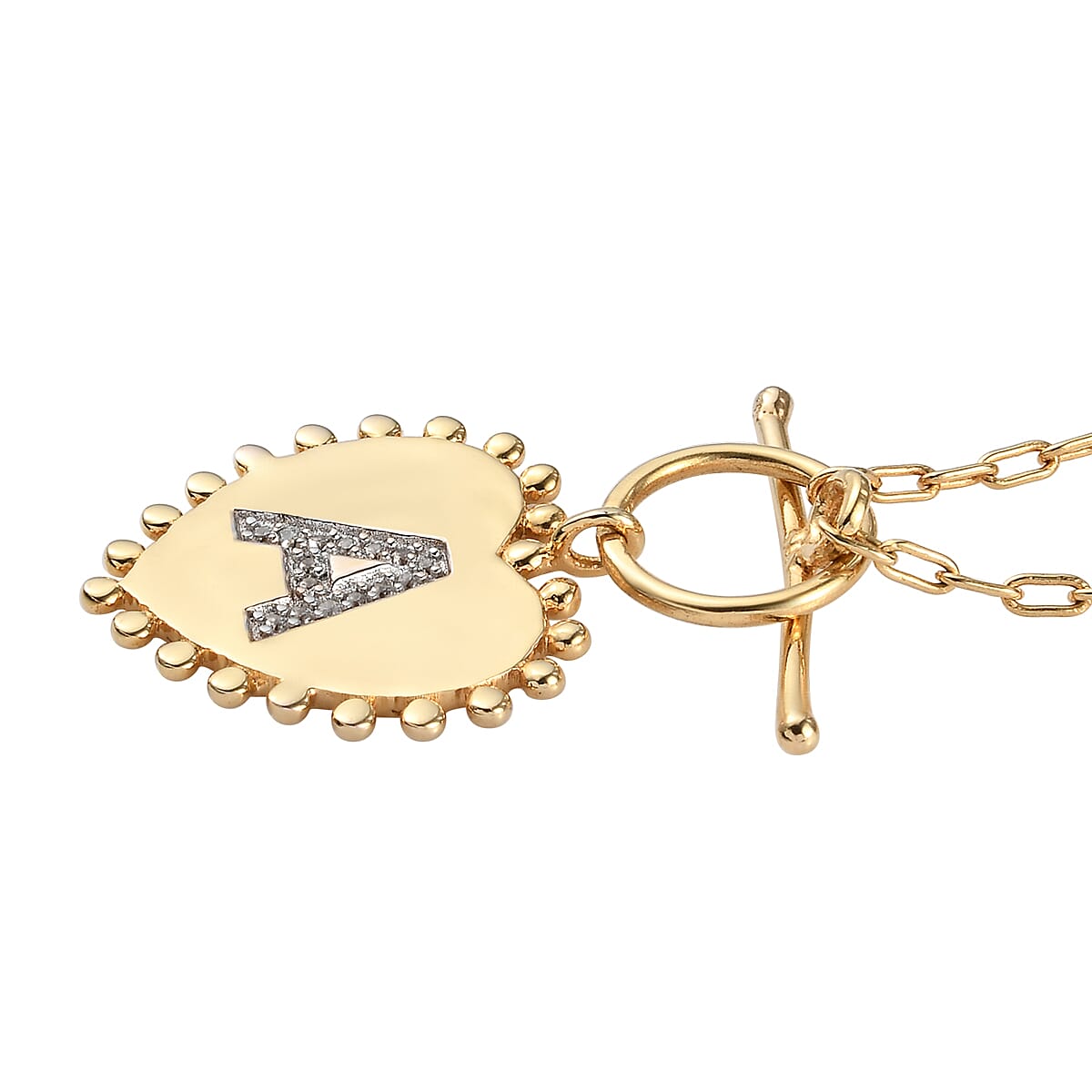 Lolos Exclusive Pick's Natural White Zircon Initial A Heart Toggle Clasp Pendant Necklace 18 Inches in Vermeil Yellow Gold Over Sterling Silver