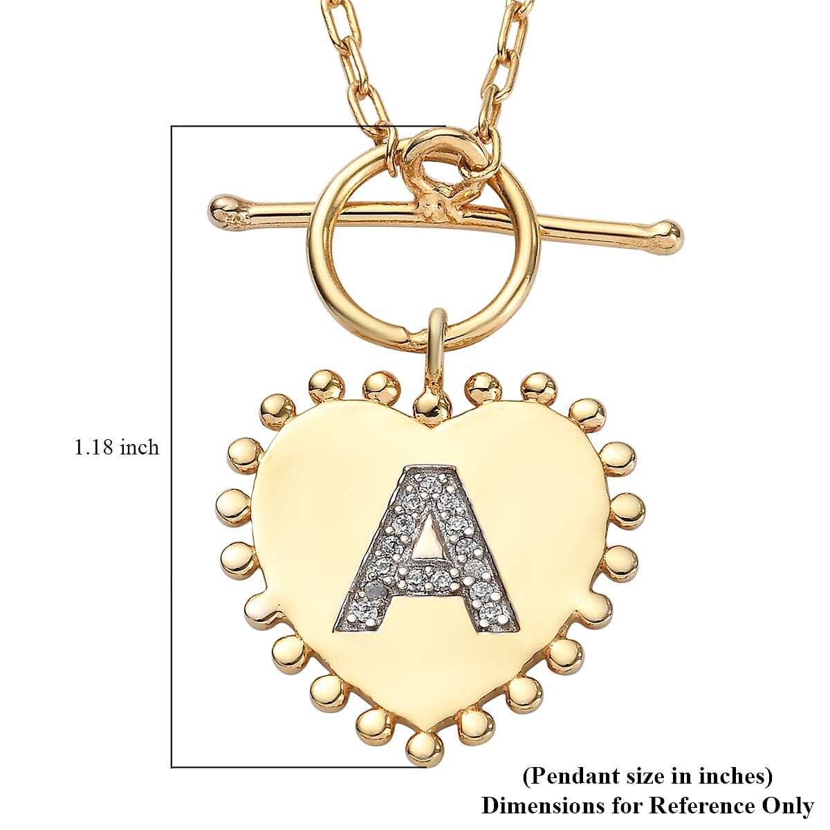 Lolos Exclusive Pick's Natural White Zircon Initial A Heart Toggle Clasp Pendant Necklace 18 Inches in Vermeil Yellow Gold Over Sterling Silver