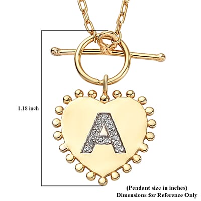 Lolos Exclusive Pick's Natural White Zircon Initial A Heart Toggle Clasp Pendant Necklace 18 Inches in Vermeil Yellow Gold Over Sterling Silver