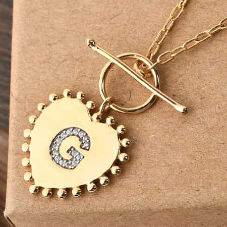 Lolos Exclusive Pick's Natural White Zircon Initial G Heart Toggle Clasp Pendant Necklace 18 Inches in Vermeil Yellow Gold Over Sterling Silver image number 1