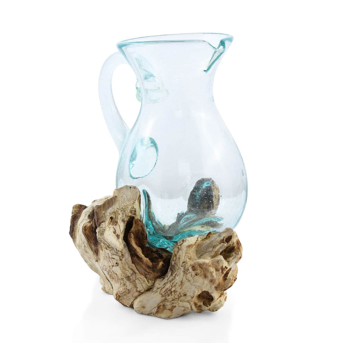 Designer Inspired Artisan Commissioned Bali Handblown Glass Pitcher with Wood Base image number 0