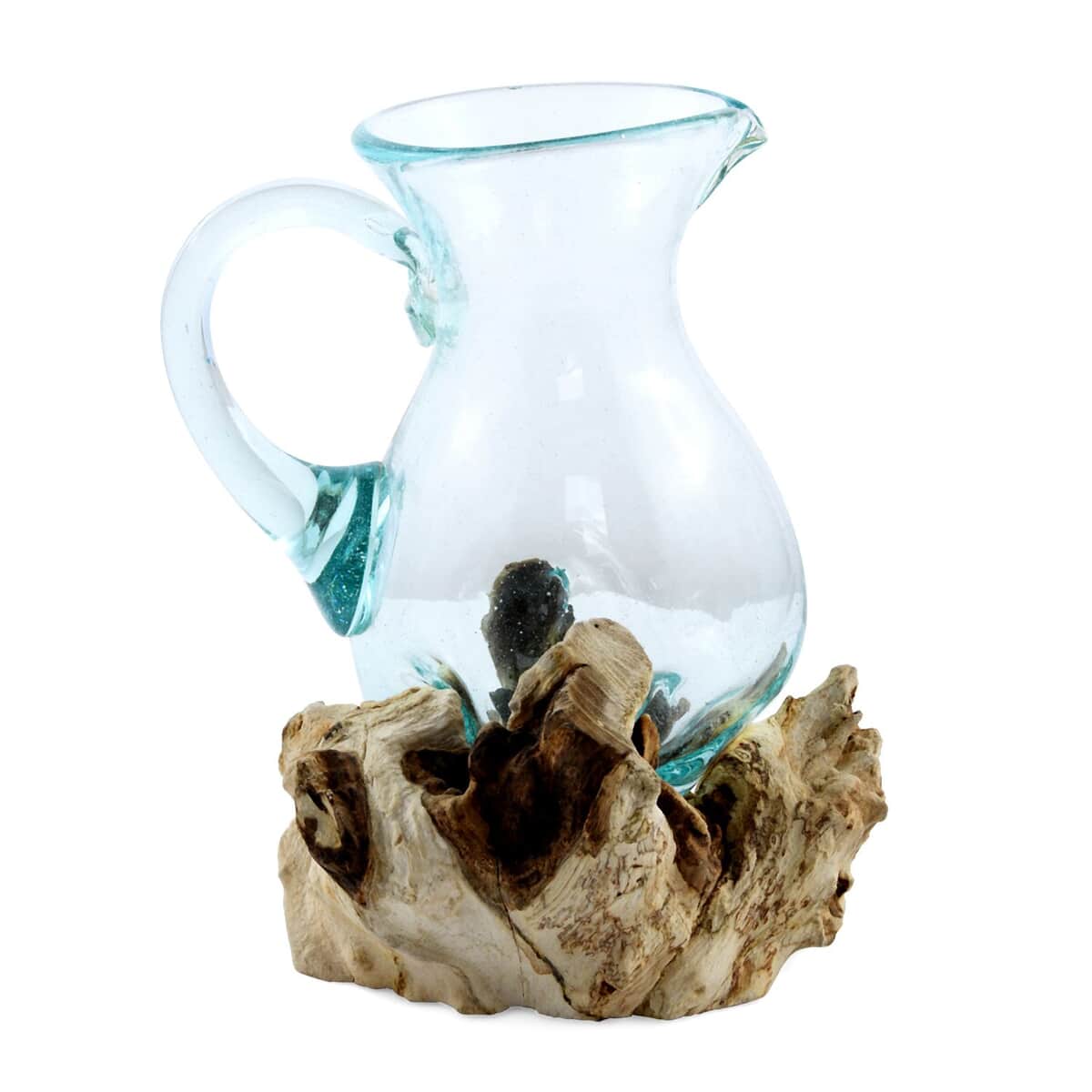 Designer Inspired Artisan Commissioned Bali Handblown Glass Pitcher with Wood Base image number 2