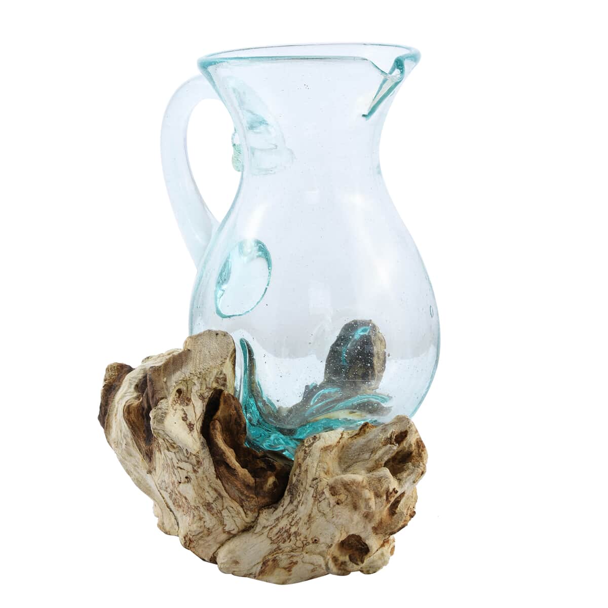 Designer Inspired Artisan Commissioned Bali Handblown Glass Pitcher with Wood Base image number 5