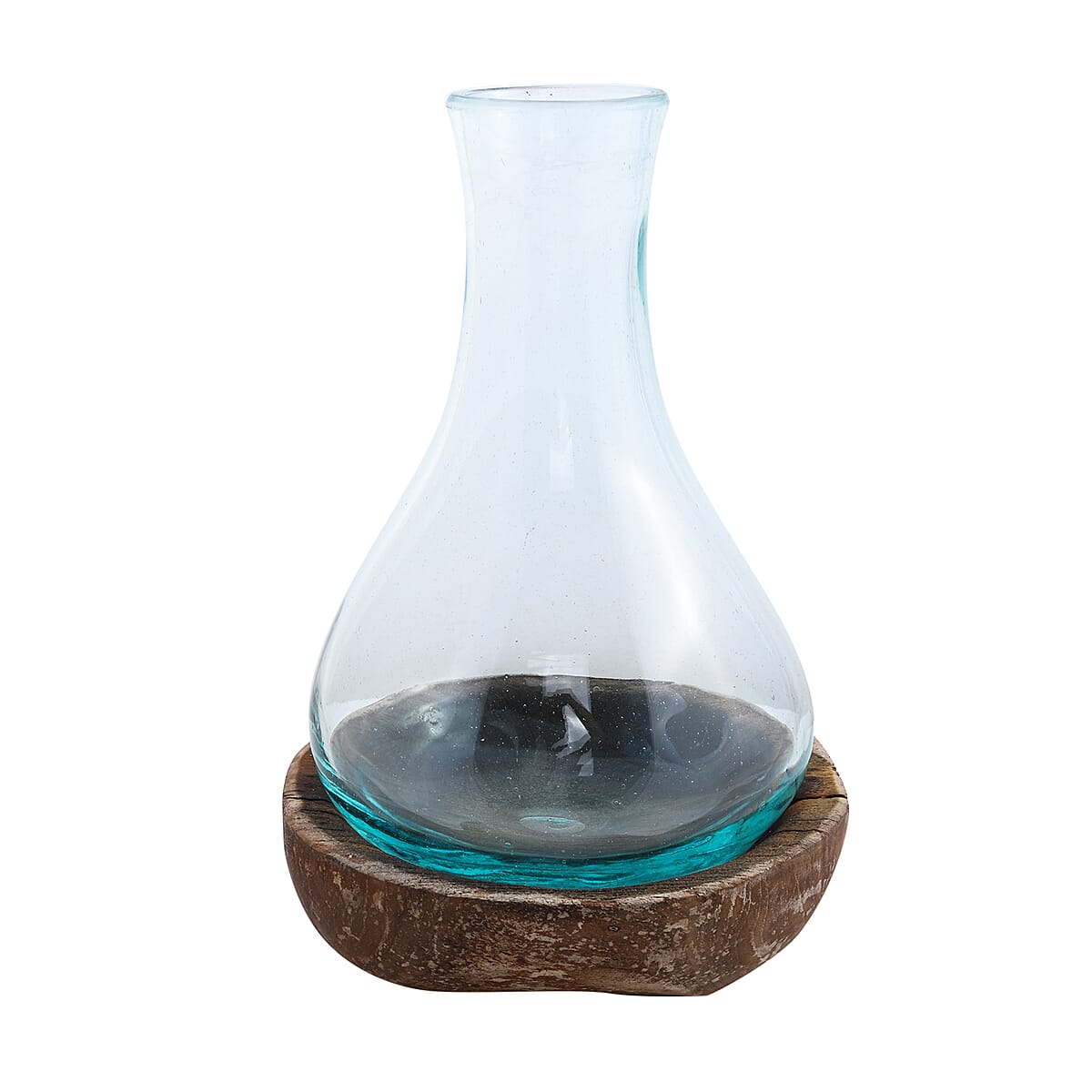 Designer Inspired Artisan Commissioned Bali Handblown Molten Glass Vase with Wooden Base image number 0