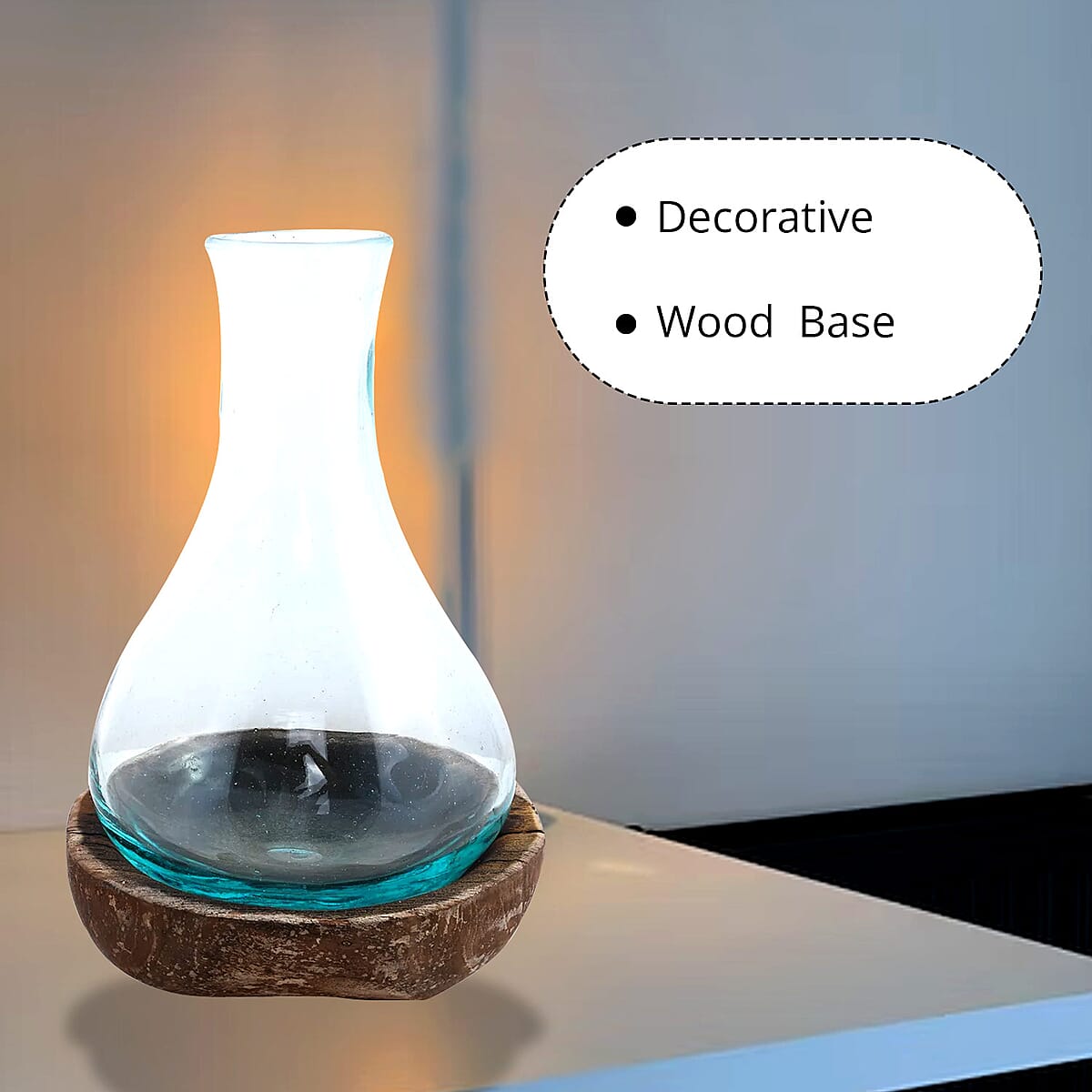 Designer Inspired Artisan Commissioned Bali Handblown Molten Glass Vase with Wooden Base image number 1