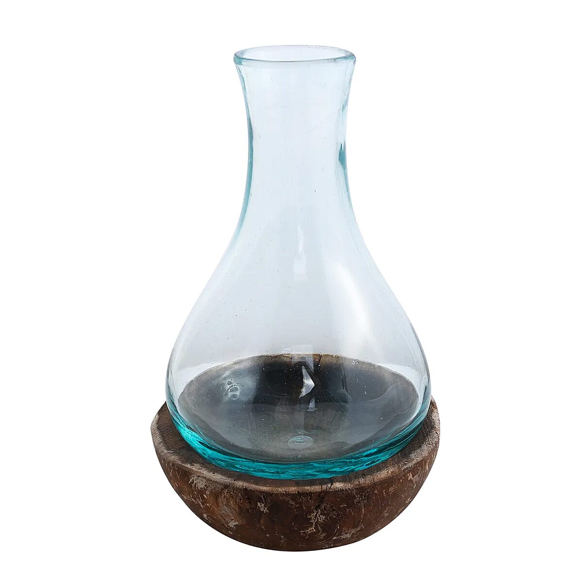 Designer Inspired Artisan Commissioned Bali Handblown Molten Glass Vase with Wooden Base image number 3