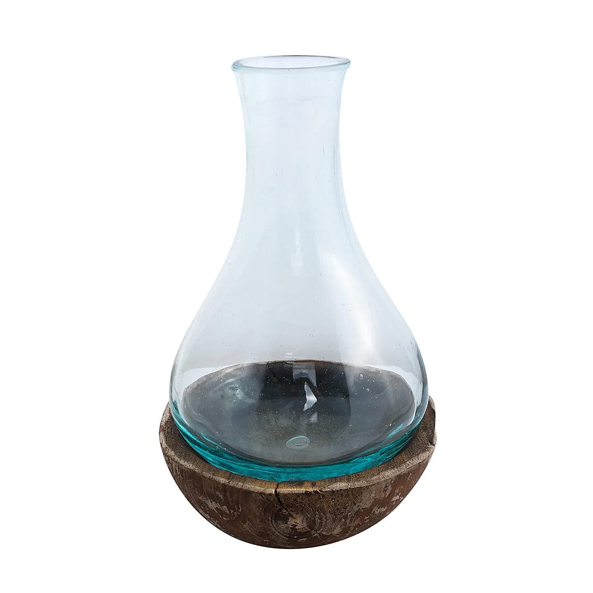 Designer Inspired Artisan Commissioned Bali Handblown Molten Glass Vase with Wooden Base image number 5