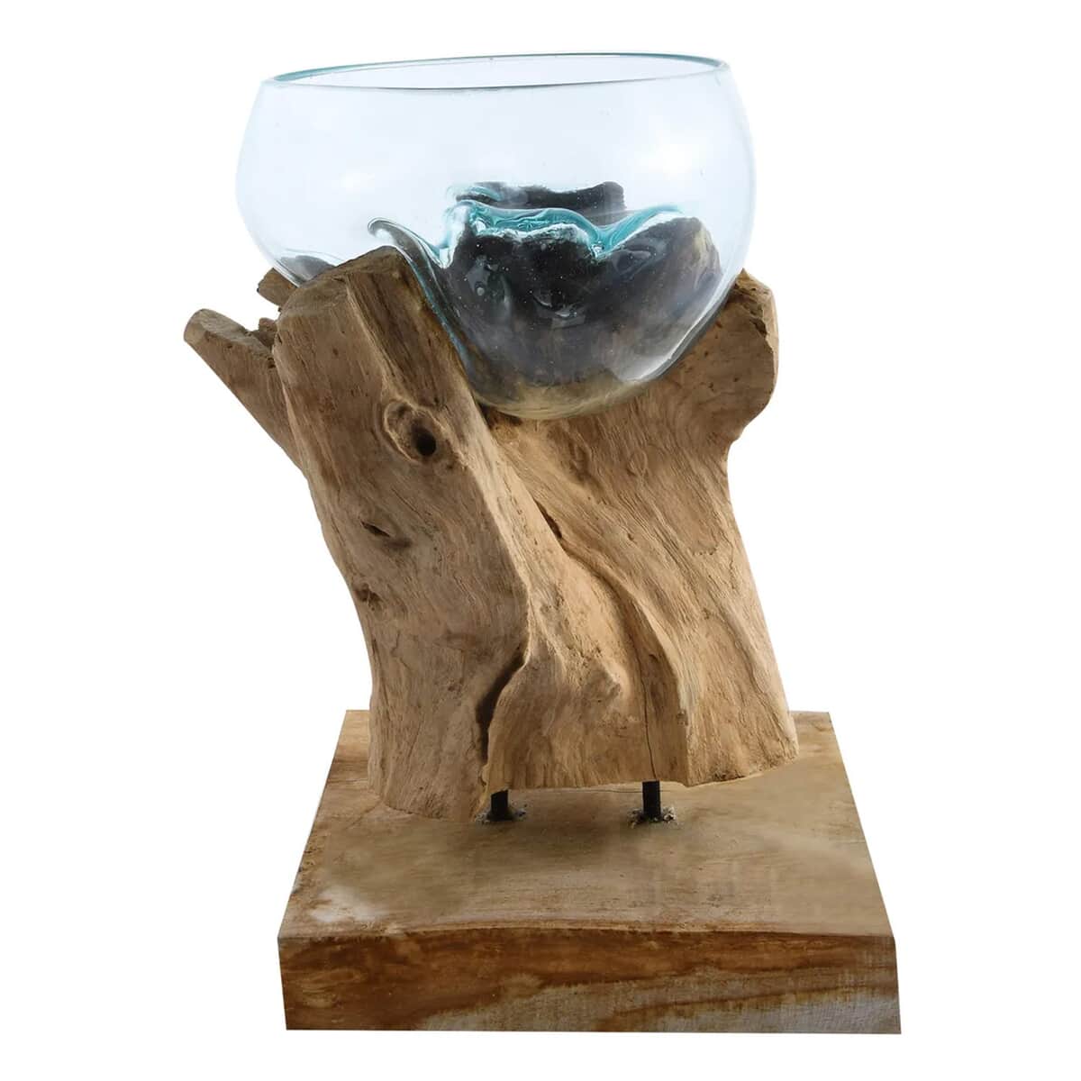 Designer Inspired Artisan Commissioned Bali Handblown Glass Bowl with Wood Base image number 6