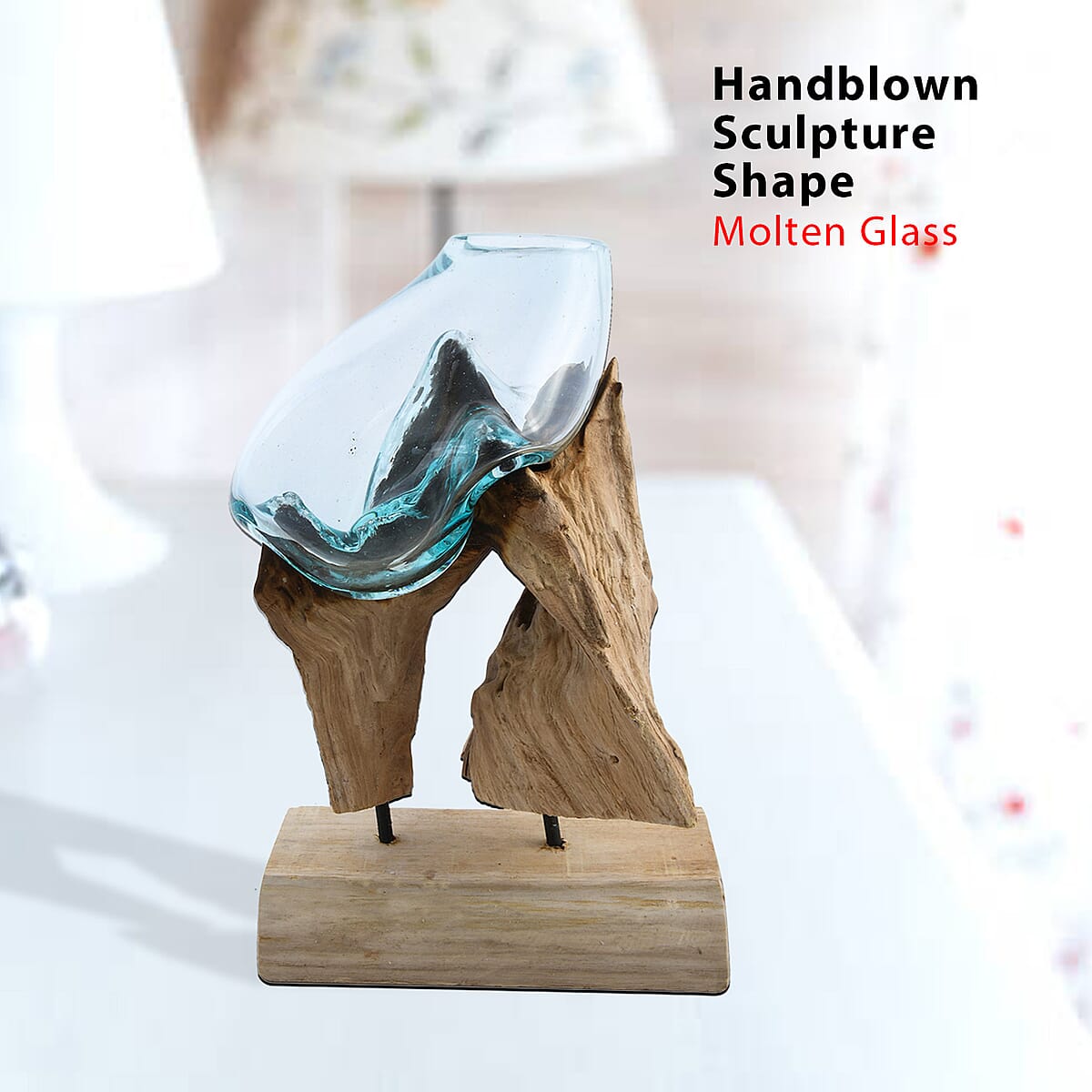 Designer Inspired Artisan Commissioned Bali Handblown Sculpture Shape Molten Glass Decor Bowl with Wood Base , Decorative , Home Decor Items , Wood Decor , Gift Items image number 1
