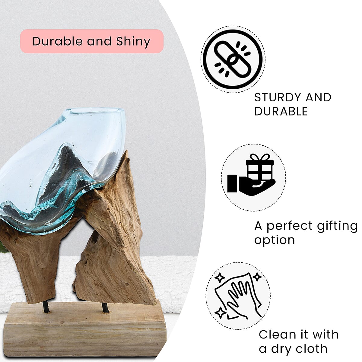 Designer Inspired Artisan Commissioned Bali Handblown Sculpture Shape Molten Glass Decor Bowl with Wood Base , Decorative , Home Decor Items , Wood Decor , Gift Items image number 2