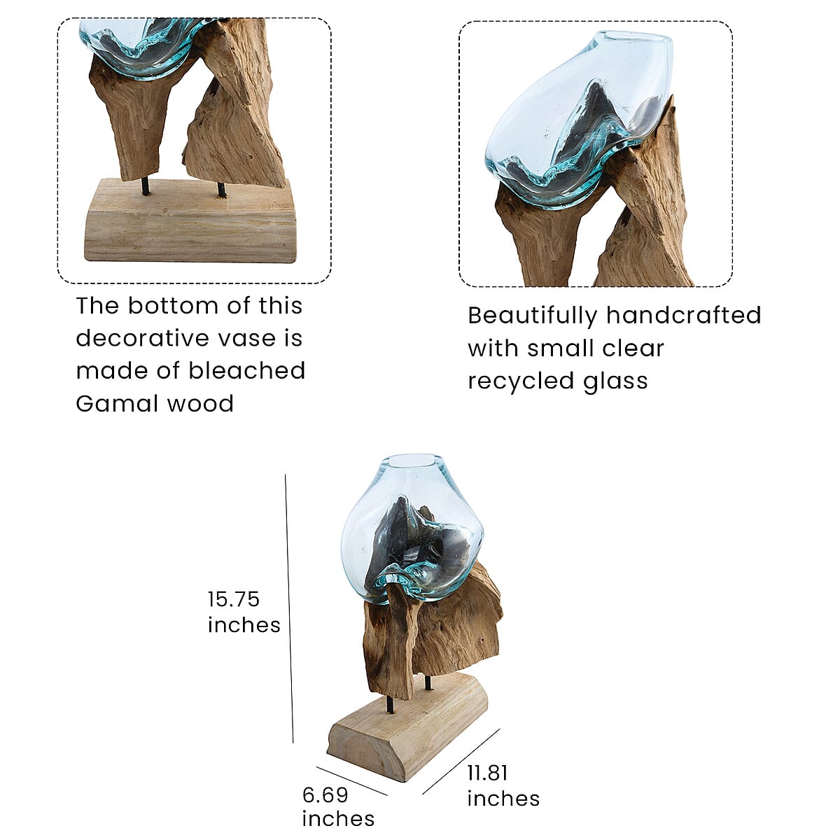 Designer Inspired Artisan Commissioned Bali Handblown Sculpture Shape Molten Glass Decor Bowl with Wood Base , Decorative , Home Decor Items , Wood Decor , Gift Items image number 3