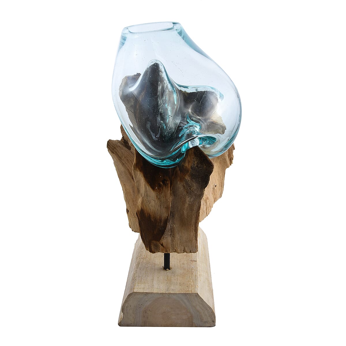 Designer Inspired Artisan Commissioned Bali Handblown Sculpture Shape Molten Glass Decor Bowl with Wood Base , Decorative , Home Decor Items , Wood Decor , Gift Items image number 4