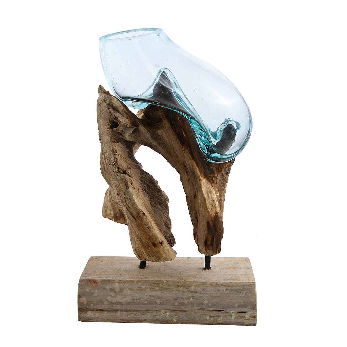 Designer Inspired Artisan Commissioned Bali Handblown Sculpture Shape Molten Glass Decor Bowl with Wood Base , Decorative , Home Decor Items , Wood Decor , Gift Items image number 5