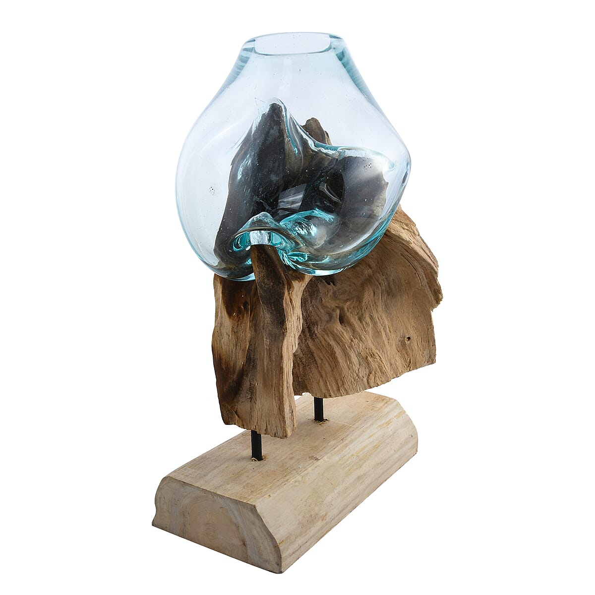 Designer Inspired Artisan Commissioned Bali Handblown Sculpture Shape Molten Glass Decor Bowl with Wood Base , Decorative , Home Decor Items , Wood Decor , Gift Items image number 7