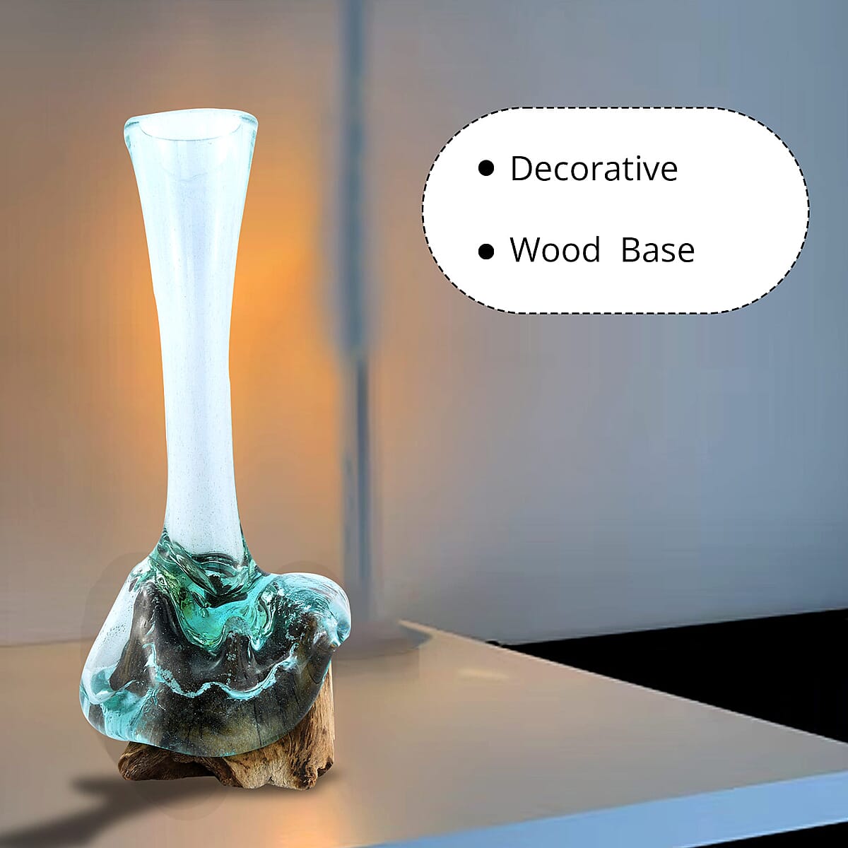 Designer Inspired Artisan Commissioned Bali Handblown Flower Vase Glass with Wood Base image number 1