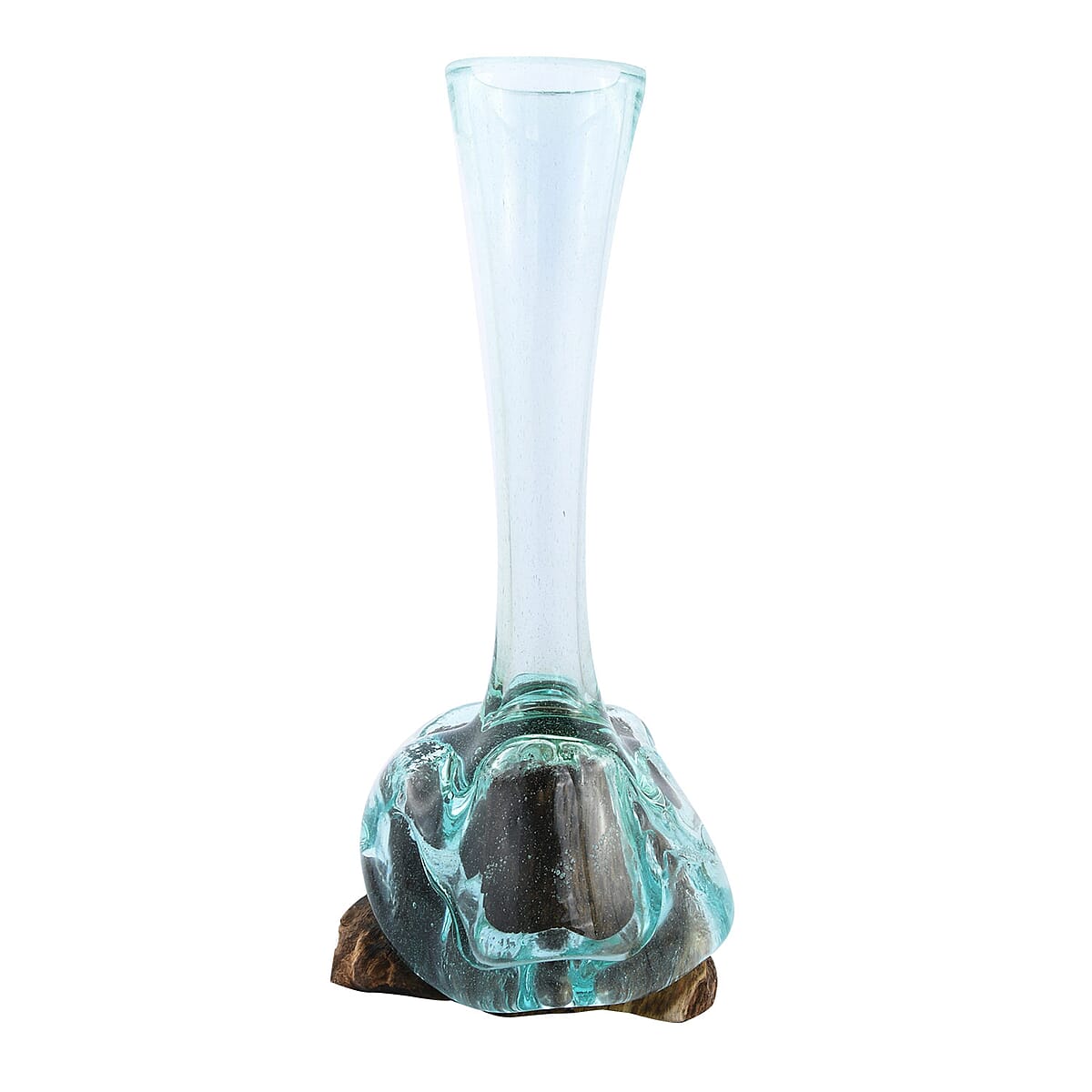 Designer Inspired Artisan Commissioned Bali Handblown Flower Vase Glass with Wood Base image number 3
