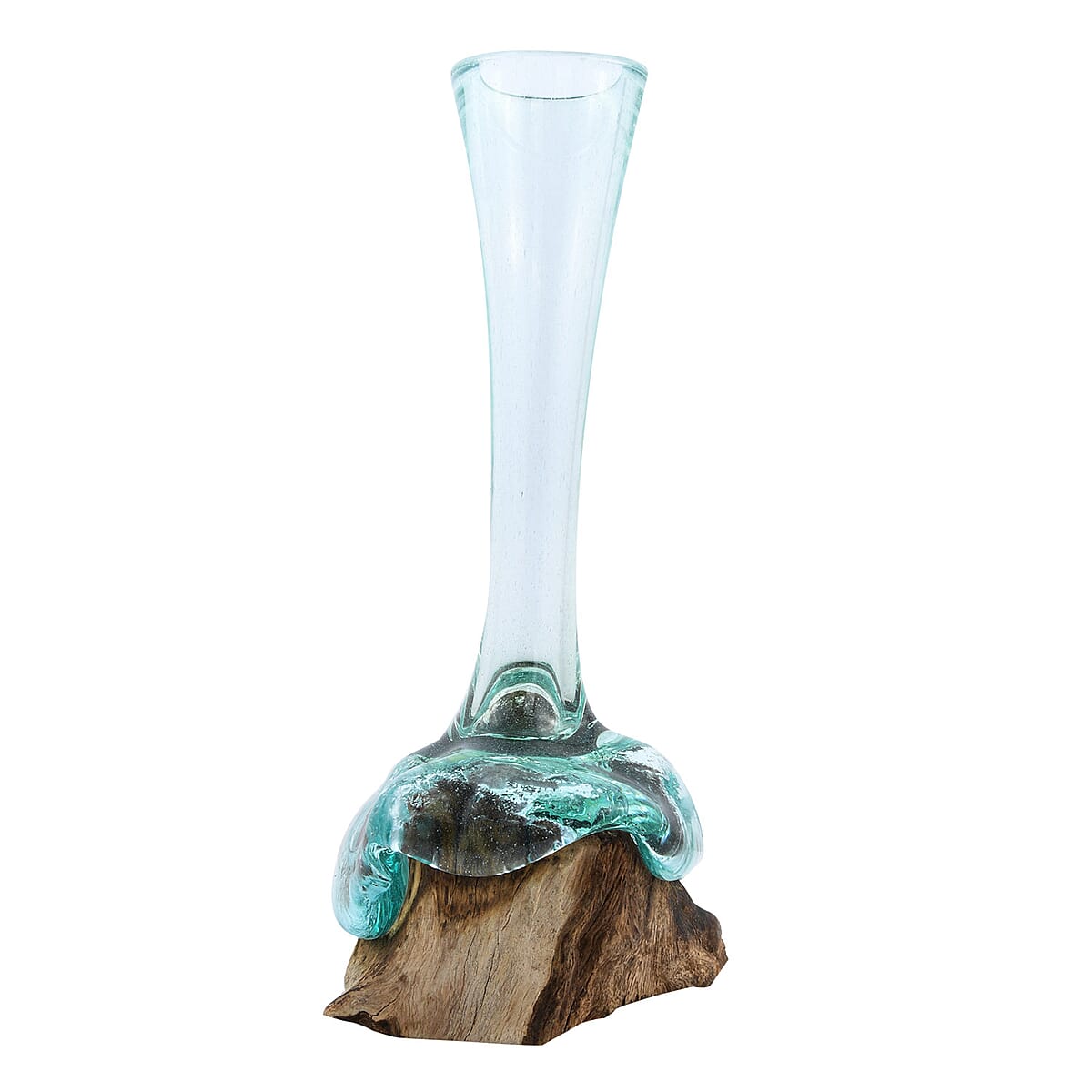 Designer Inspired Artisan Commissioned Bali Handblown Flower Vase Glass with Wood Base image number 4