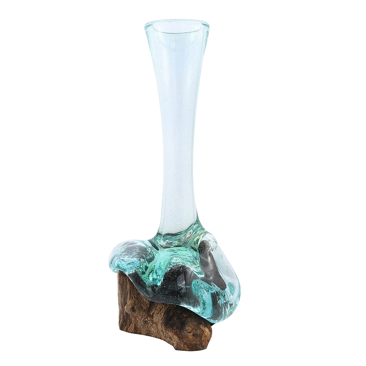 Designer Inspired Artisan Commissioned Bali Handblown Flower Vase Glass with Wood Base image number 5