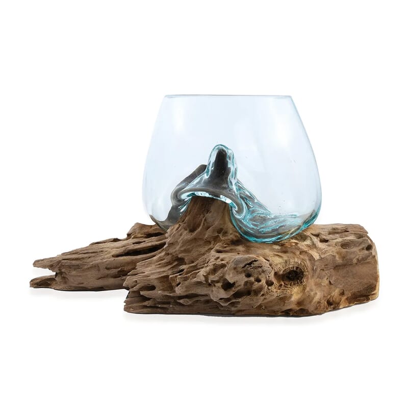 Designer Inspired Artisan Commissioned Bali Handblown Vase Glass with Triangle Wood Base
