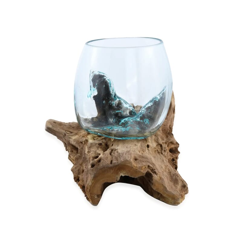 Designer Inspired Artisan Commissioned Bali Handblown Vase Glass with Triangle Wood Base