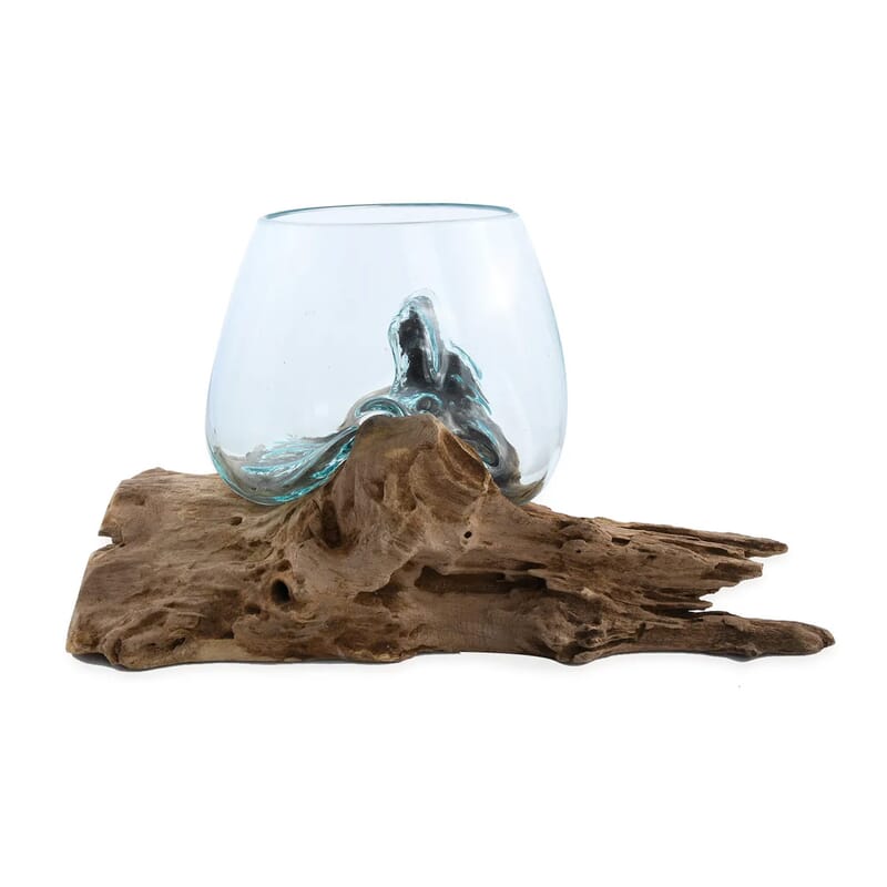 Designer Inspired Artisan Commissioned Bali Handblown Vase Glass with Triangle Wood Base