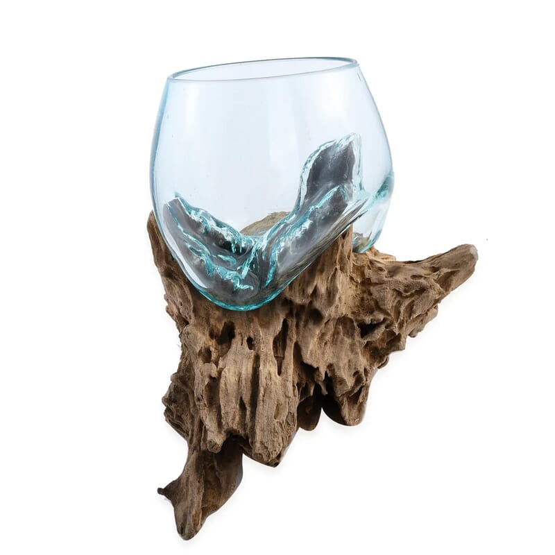 Designer Inspired Artisan Commissioned Bali Handblown Vase Glass with Triangle Wood Base