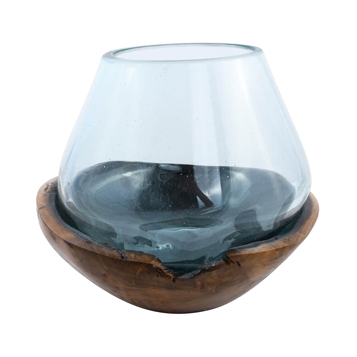 Designer Inspired Artisan Commissioned Bali Handblown Moltten Glass Vase with Wooden Base image number 0