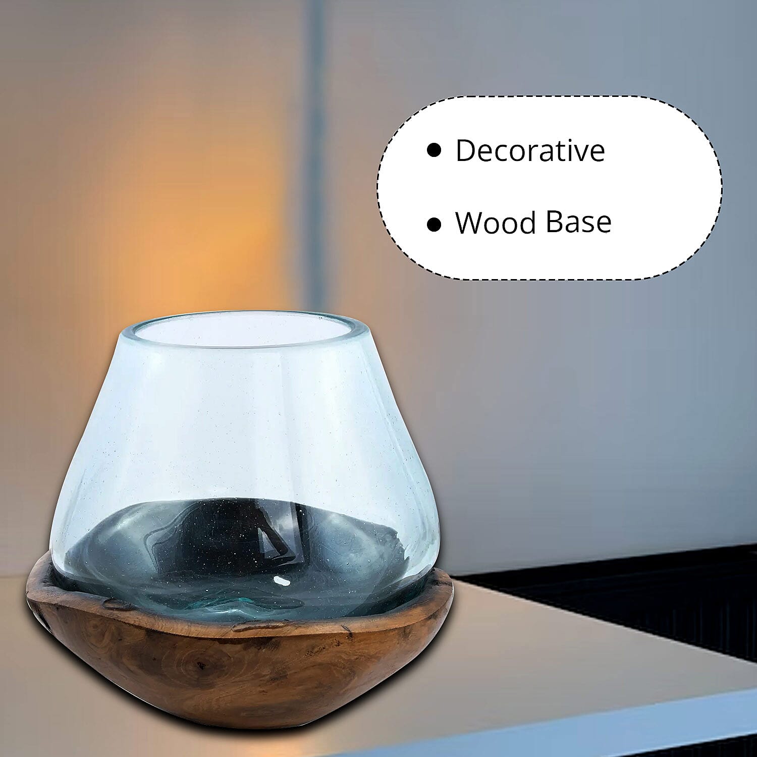 Designer Inspired Artisan Commissioned Bali Handblown Moltten Glass Vase with Wooden Base