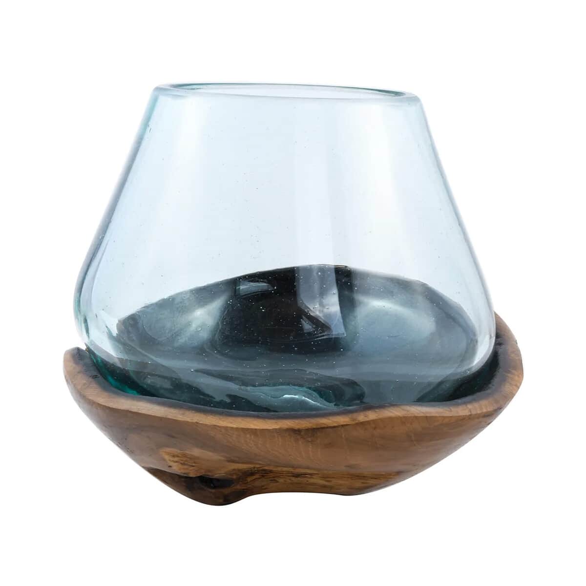 Designer Inspired Artisan Commissioned Bali Handblown Moltten Glass Vase with Wooden Base image number 3