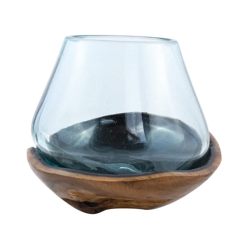 Designer Inspired Artisan Commissioned Bali Handblown Moltten Glass Vase with Wooden Base