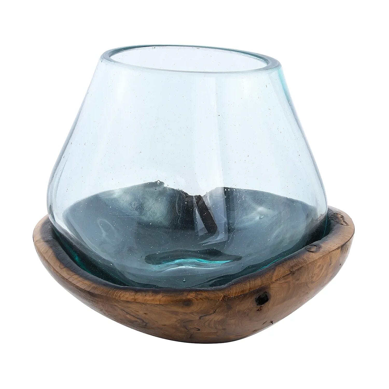 Designer Inspired Artisan Commissioned Bali Handblown Moltten Glass Vase with Wooden Base