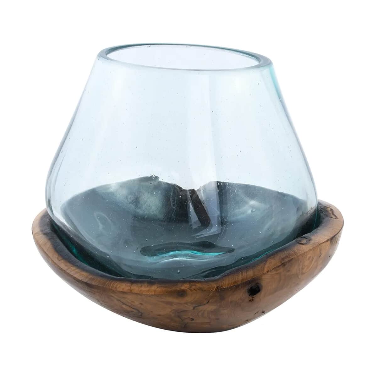 Designer Inspired Artisan Commissioned Bali Handblown Moltten Glass Vase with Wooden Base image number 4