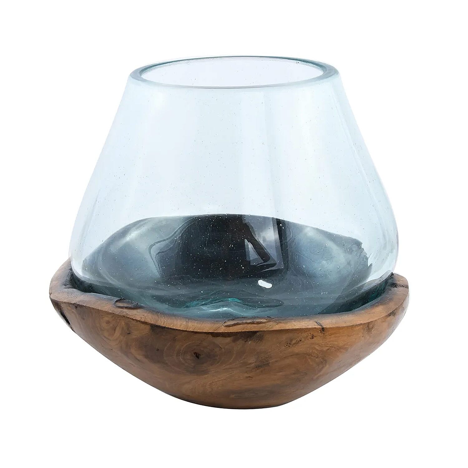 Designer Inspired Artisan Commissioned Bali Handblown Moltten Glass Vase with Wooden Base