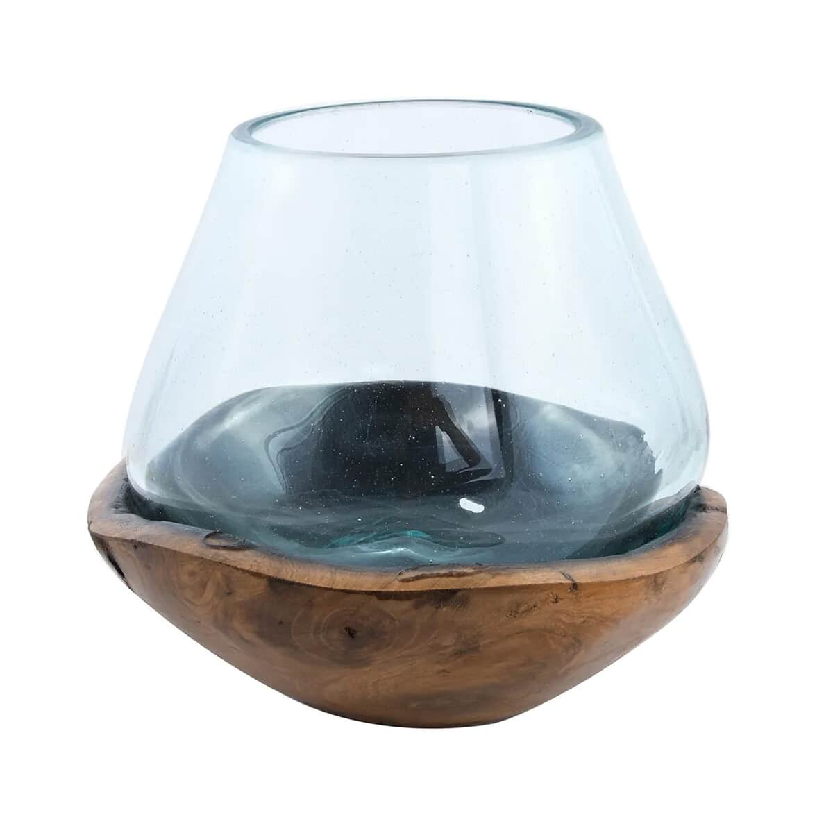 Designer Inspired Artisan Commissioned Bali Handblown Moltten Glass Vase with Wooden Base image number 5