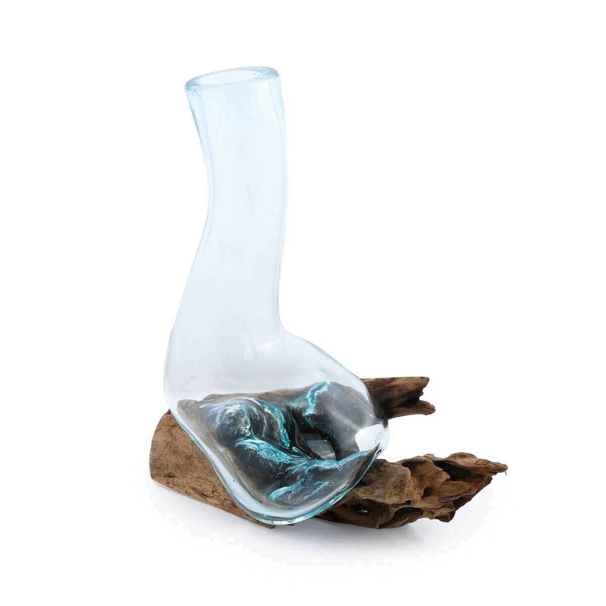 Designer Inspired Artisan Commissioned Bali Handblown Moltten Glass Vase with Wooden Base image number 0