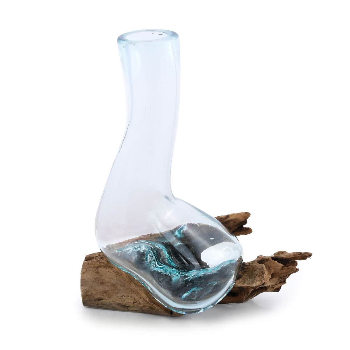 Designer Inspired Artisan Commissioned Bali Handblown Moltten Glass Vase with Wooden Base image number 1