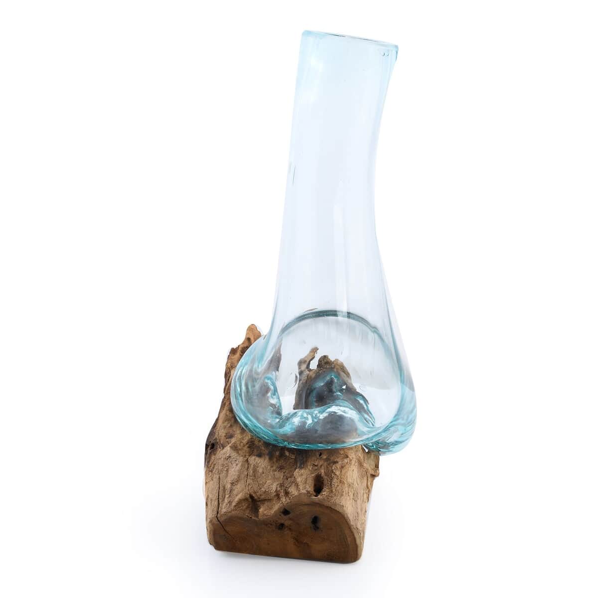 Designer Inspired Artisan Commissioned Bali Handblown Moltten Glass Vase with Wooden Base image number 2