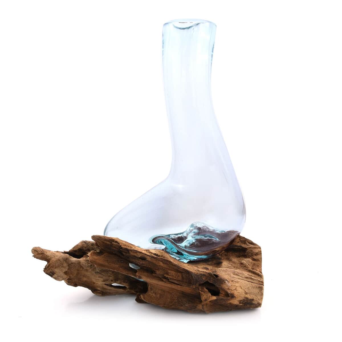 Designer Inspired Artisan Commissioned Bali Handblown Moltten Glass Vase with Wooden Base image number 3