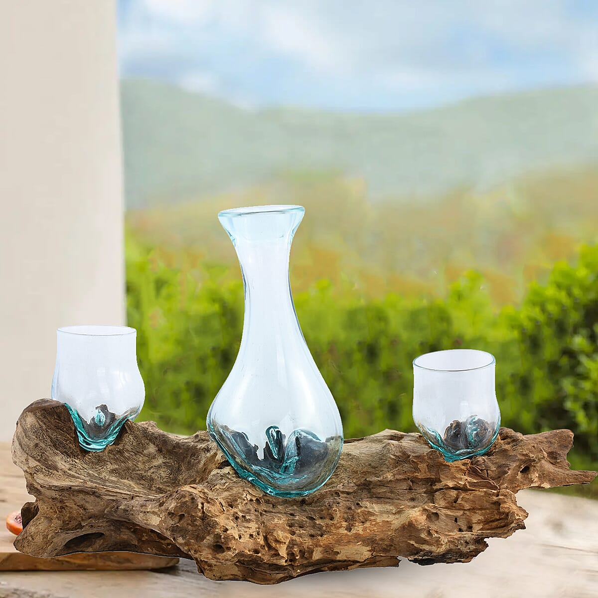 Designer Inspired Artisan Commissioned Bali Set of 3 Handblown Molten Glass Vases with Wooden Base image number 1