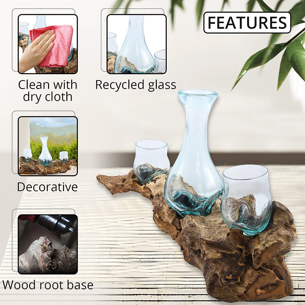 Designer Inspired Artisan Commissioned Bali Set of 3 Handblown Molten Glass Vases with Wooden Base image number 2