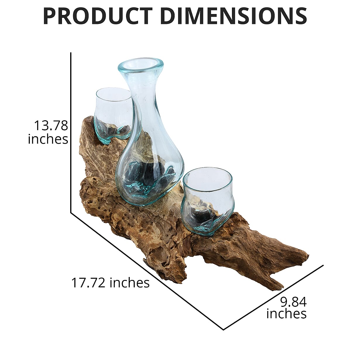 Designer Inspired Artisan Commissioned Bali Set of 3 Handblown Molten Glass Vases with Wooden Base image number 3