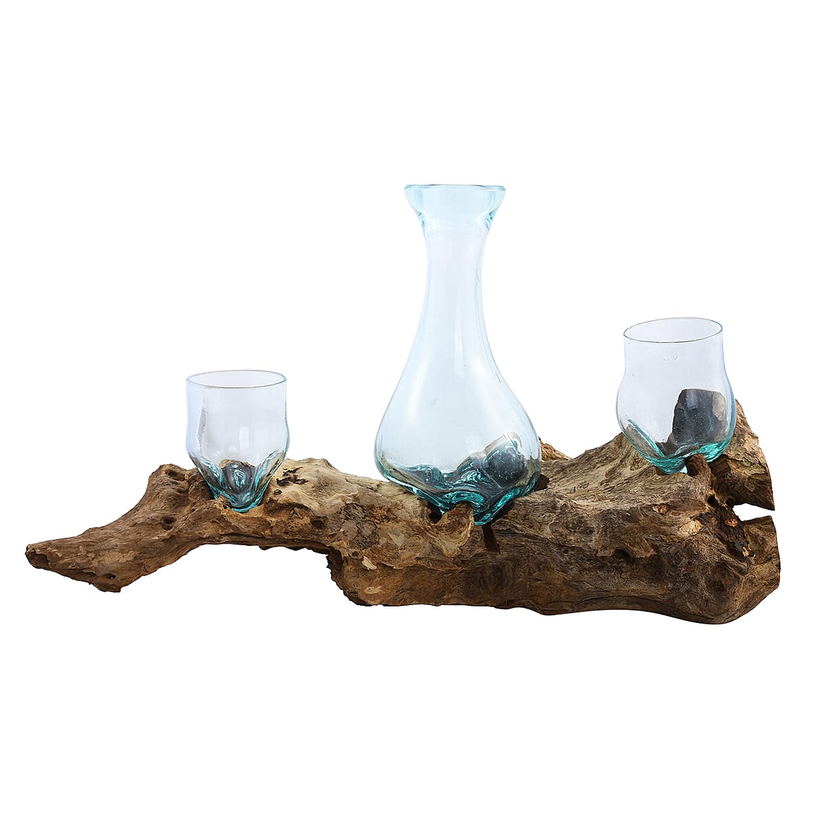 Designer Inspired Artisan Commissioned Bali Set of 3 Handblown Molten Glass Vases with Wooden Base image number 4