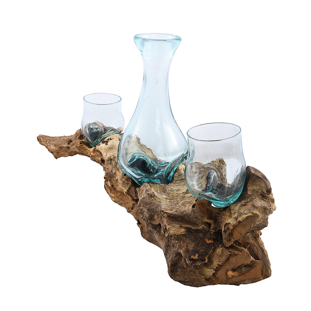 Designer Inspired Artisan Commissioned Bali Set of 3 Handblown Molten Glass Vases with Wooden Base image number 5