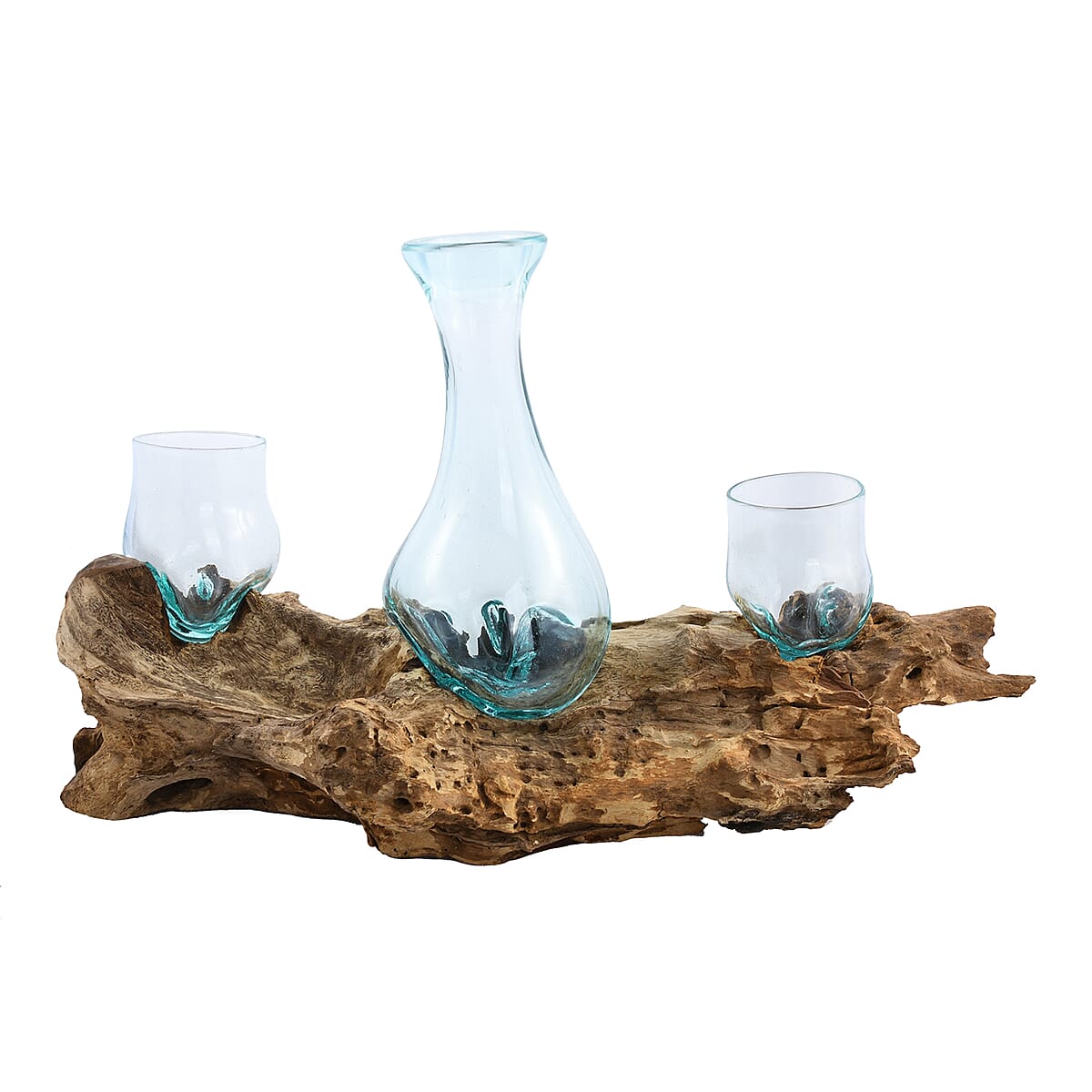 Designer Inspired Artisan Commissioned Bali Set of 3 Handblown Molten Glass Vases with Wooden Base image number 6